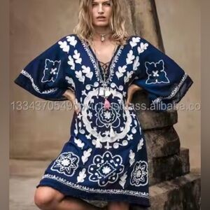 Very boho Ruby YaYa navy & white beach dress/cover up with braided embroidery